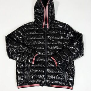 Calvin Klein Black Shiny Puffer Bomber Jacket with Red-Trim